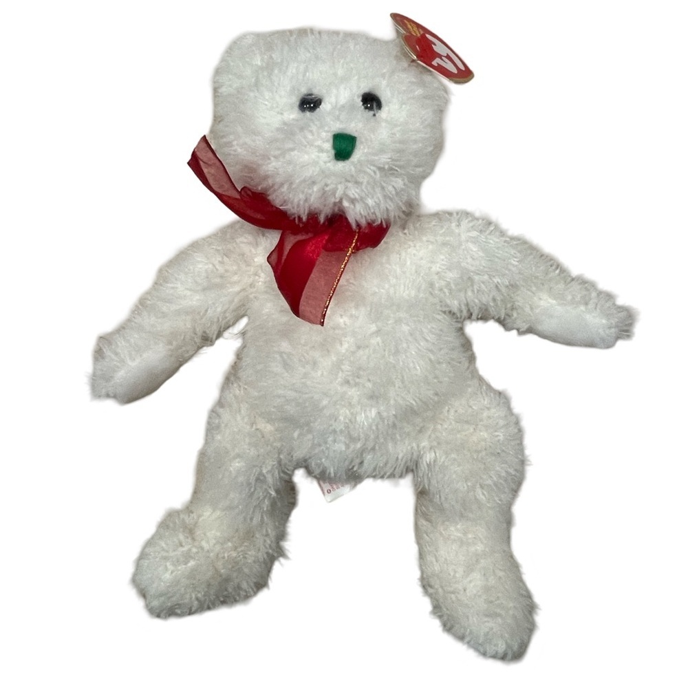 2004 HOLIDAY TEDDY TY Beanie Baby White Teddy Bear with Red Ribbon! - Picture 2 of 5